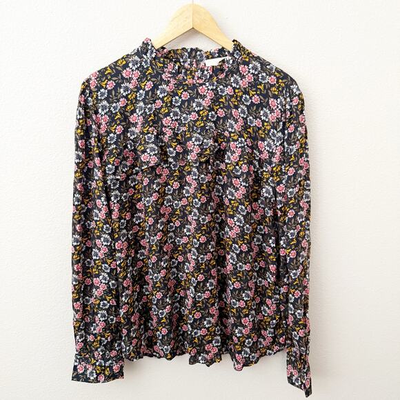 LOFT | Floral Ruffle Blouse Pink Black Preppy Boho Flower High-neck | Size XL - Picture 2 of 8